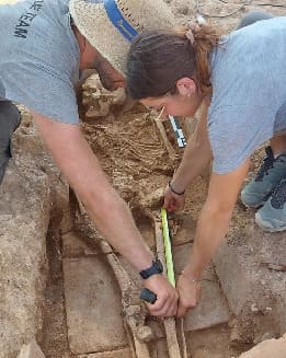 Dos personas miden restos óseos humanos en una excavación arqueológica, utilizando una cinta métrica para documentar la longitud de los huesos. Son voluntarios de Horitzó Arqueològic.