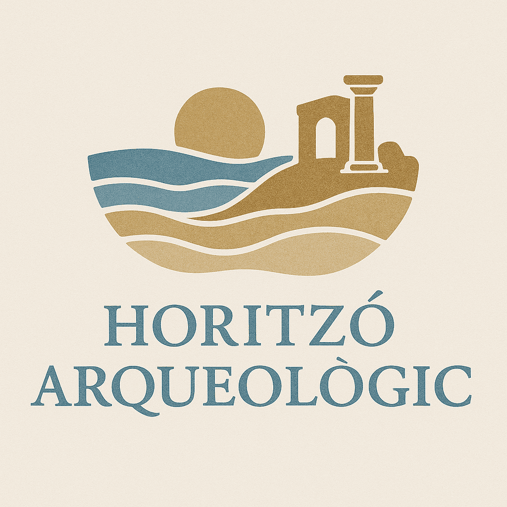 Logotipo con un sol estilizado, olas y ruinas antiguas sobre el texto "HORITZÓ ARQUEOLÒGIC" en mayúsculas azules.