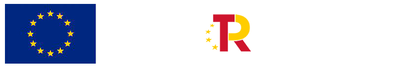Bandera de la Unión Europea junto a texto español que hace referencia a la financiación de la UE y logotipos del Plan de Recuperación, Transformación y Resiliencia de España.